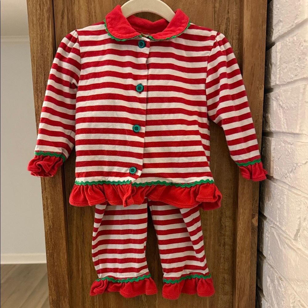 Striped Red and White Pajama Set with Green Trim